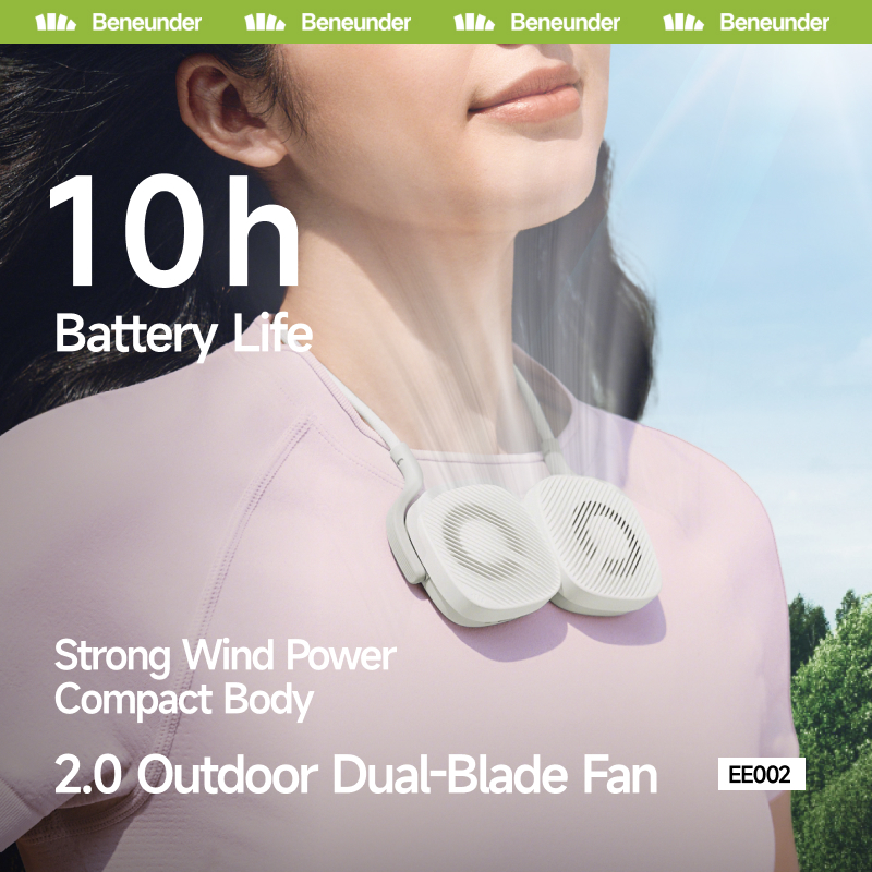 Beneunder EE002, พัดลมคล้องคอแฮนด์ฟรีบางเฉียบ พัดลมคู่ น้ําหนักเบาเป็นพิเศษ 110g ระดับความเร็ว 4 ระดับ 180° การไหลของอากาศแบบปรับได้พัดลมขนาดเล็กแบบพกพา & การออกแบบที่ไร้พันกันสําหรับกลางแจ้ง