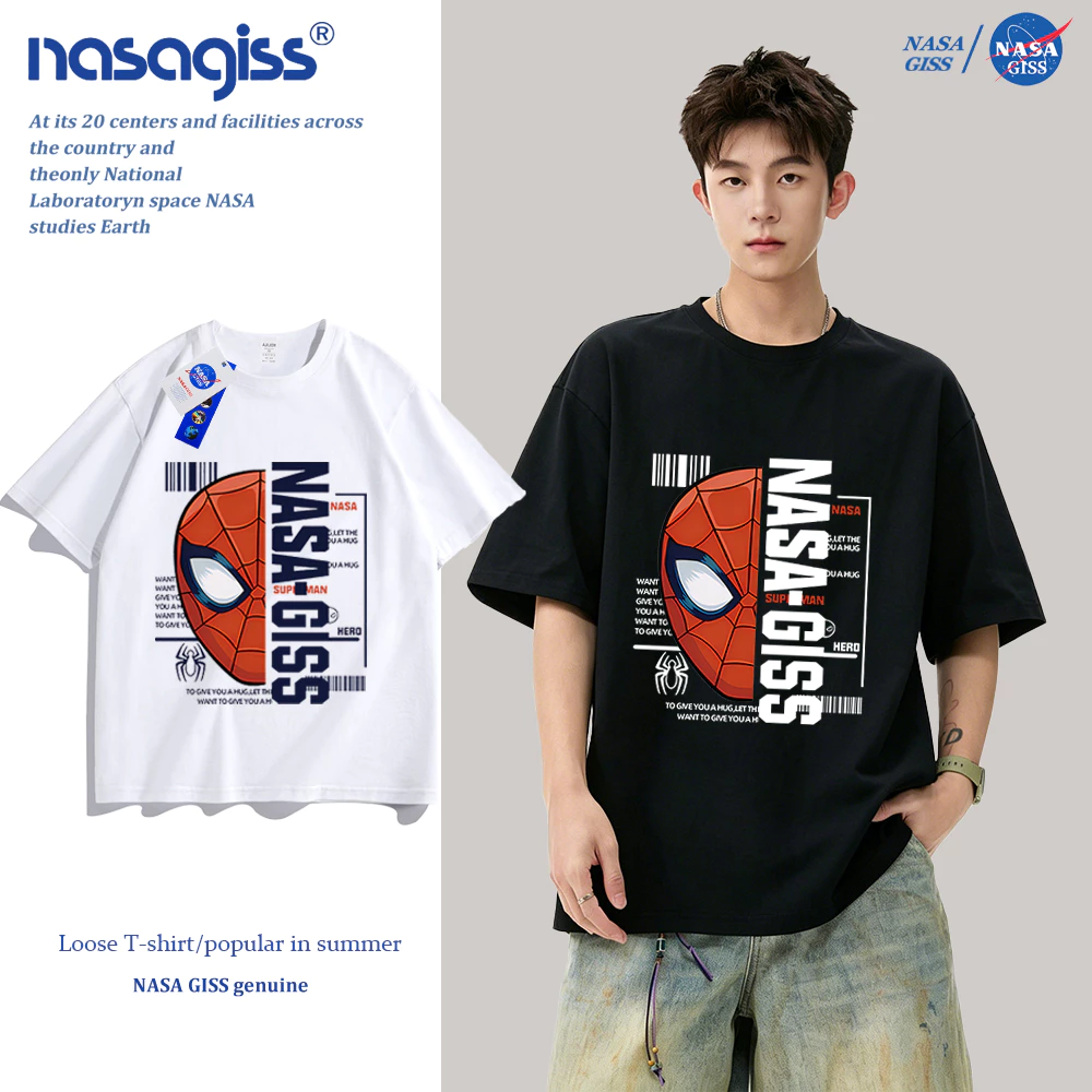 NASA เสื้อยืดชายหญิงแขนสั้น สตรีทฮิปฮอป summer สไปเดอร์แมน พิมพ์ลาย คอตตอน คอกลม หลวมและระบายอากาศ