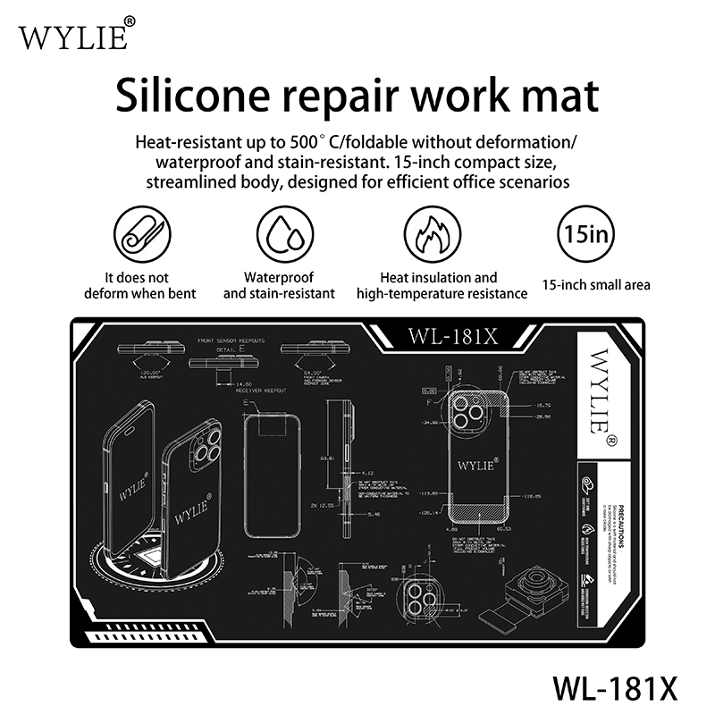 WYLIE WL-181X เสื่อทํางานซ่อมซิลิโคน – 500℃ แผ่นบัดกรีทนความร้อน, 15 นิ้ว (340x185 มม.) เสื่อกันน้ํา