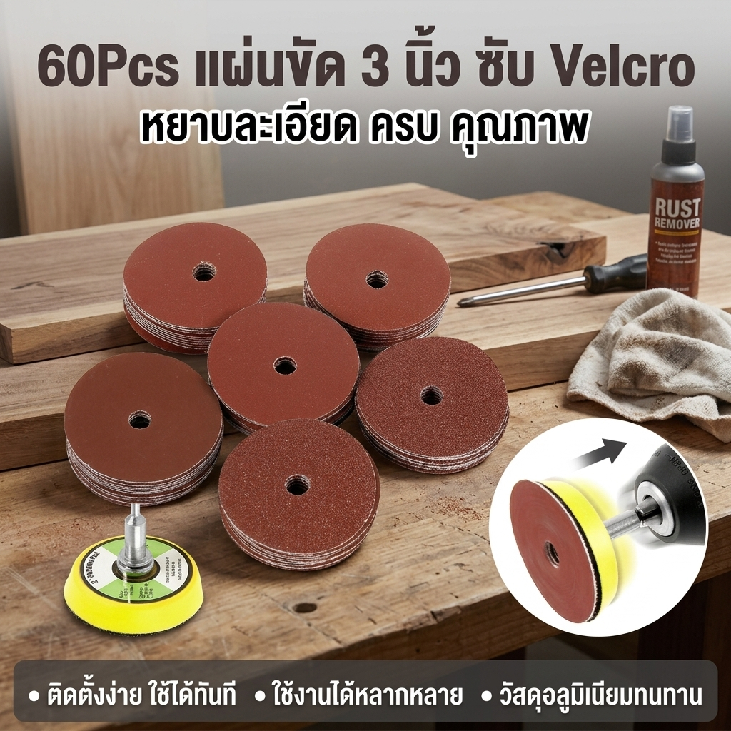 60Pcs แผ่นขัดอลูมินา 2 นิ้ว 100-2000 กรวด กระดาษขัดเปลี่ยนเร็ว รุ่น 7449