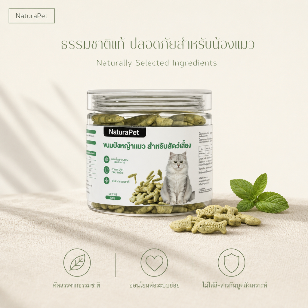 NaturaPet ขนมหญ้าแมวบิสกิต ต้นอ่อนข้าวสาลี 100% อบอุณหภูมิต่ำ เนื้อไก่ผสมหญ้า ไม่มีสารกันเสีย ช่วยขับขน 100 กรัม/กระปุก
