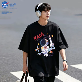 NASA เสื้อยืดชายหญิงแขนสั้น สตรีทฮิปฮอป summer นักบินอวกาศ พิมพ์ลาย คอตตอน คอกลม หลวมและระบายอากาศ