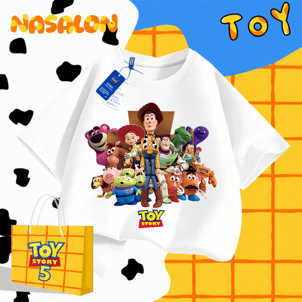 NASA เสื้อยืดเด็กแขนสั้น สีขาว ผ้าฝ้ายนุ่ม Toy Story ลายการ์ตูน ระบายอากาศดี สำหรับทั้งชายและหญิง อายุ 2-12 ปี