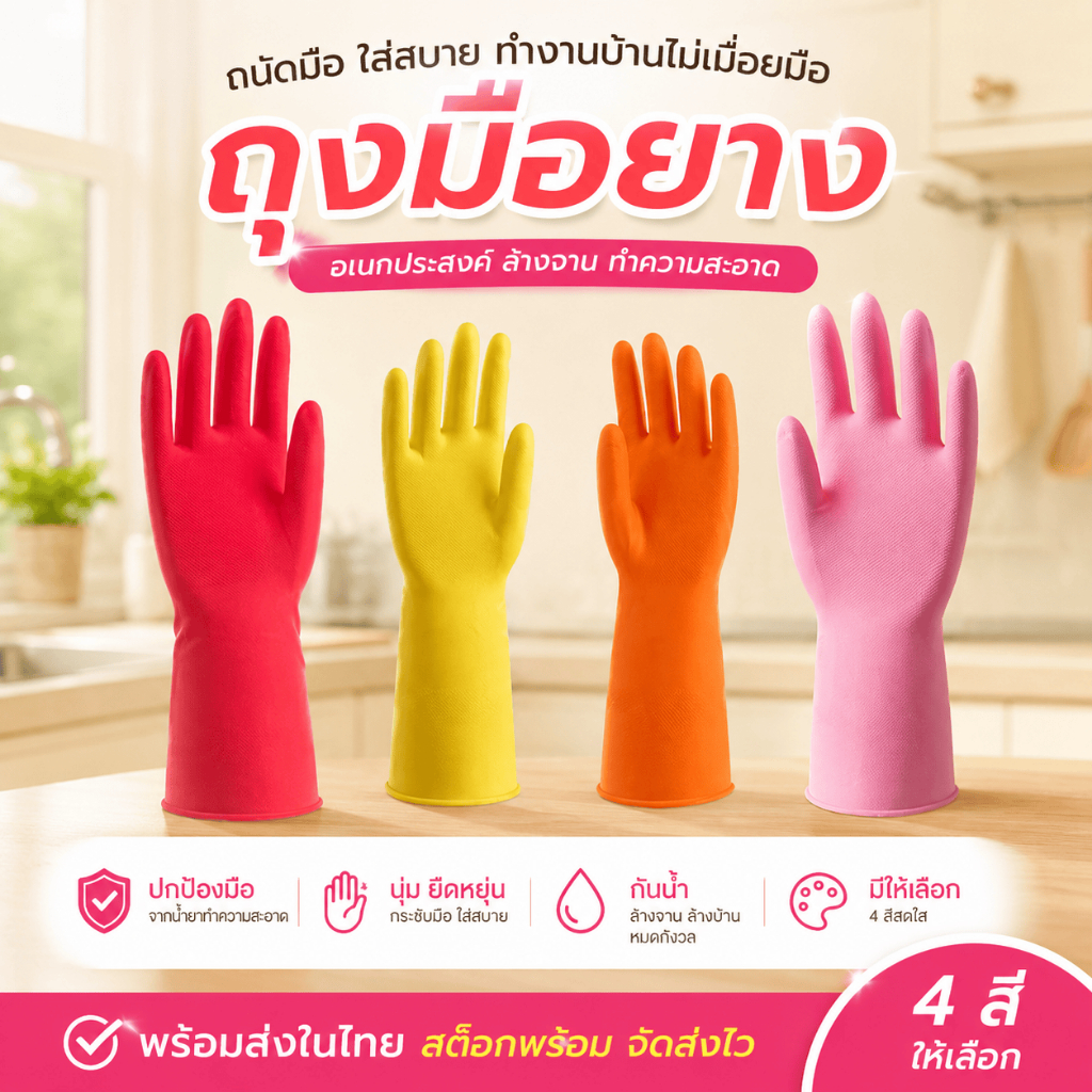 [WEIYI] ถุงมือยางทำงานบ้าน ถุงมือล้างจานกันน้ำ จับถนัดมือ ไม่ลื่น นุ่มใส่สบาย ป้องกันมือ เหมาะสำหรับล้างจาน ทำครัว ทำความสะอาด