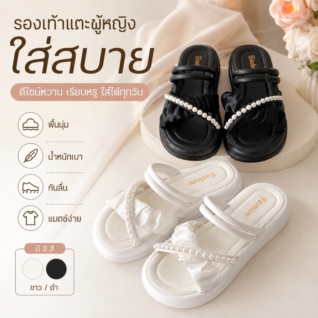 รองเท้าแตะผู้หญิง ตกแต่งไข่มุก ผ้าชีฟอง ส้นหนา นุ่มสบาย สไตล์เกาหลี พร้อมส่ง XZ025
