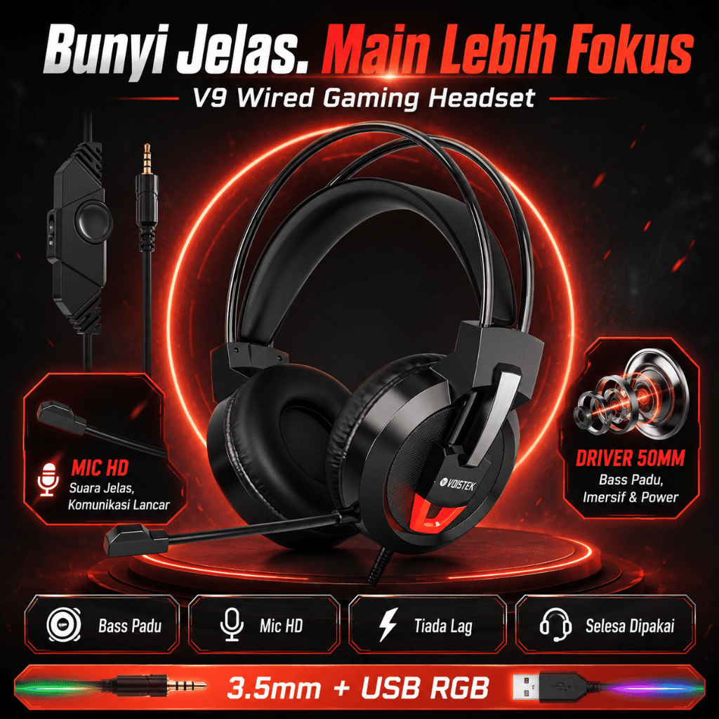 Voistek V9 หูฟังสําหรับเล่นเกมชุดหูฟังแบบมีสายพร้อมไฟ RGB 50 มม.Hi-Fi สเตอริโอเสียงรอบทิศทาง Mic สํา