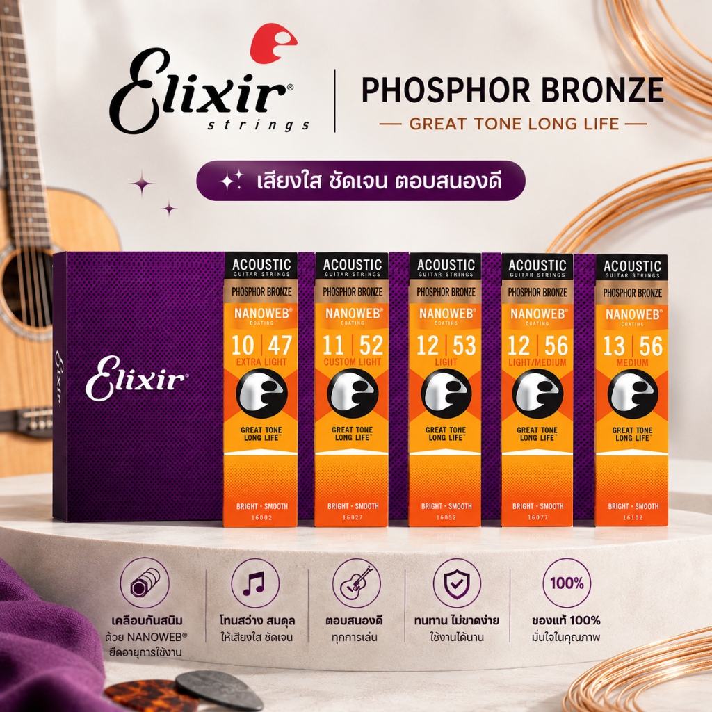 🎸Elixir Phosphor Bronze NANOWEB Acoustic Guitar Strings สายกีตาร์โปร่ง เคลือบกันสนิม ของแท้ USA เสียงใส อบอุ่น 10-47 11-52 12-53 12-56 13-56