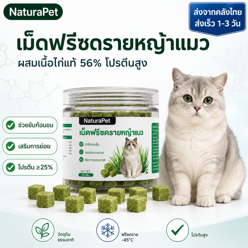 NaturaPet ขนมหญ้าแมวฟรีซดราย อกไก้ 100% ผสมต้นอ่อนข้าวสาลี ไม่มีสารกันเสีย ช่วยขับขนในลำไส้ 50 กรัม/กระปุก