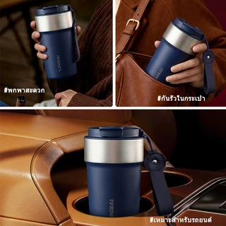 LINBAI กระติกน้ํา 500ML ฉนวน Tumbler พร้อมฟางเซรามิคด้านใน + 304 ขวดน้ําสแตนเลส Double Wall Leakproof แก้ว