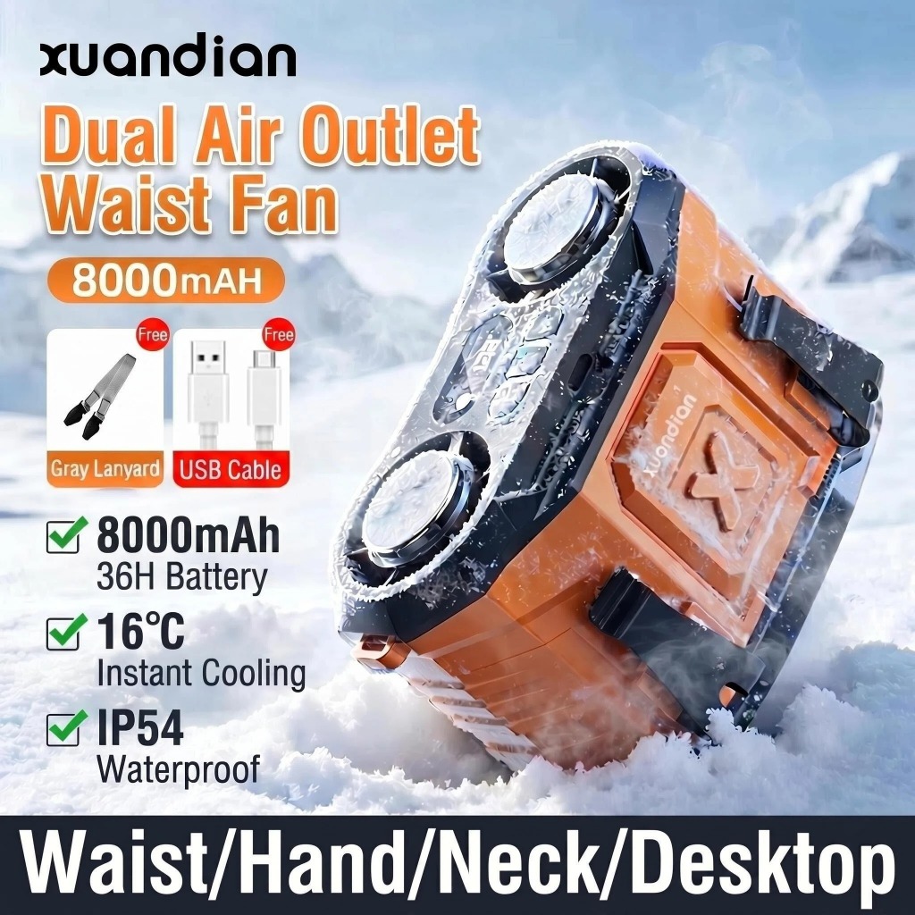 【New】XuanDian 2026 พัดลมคลิปเอว Semiconductor Cooling Dual Outlet 199 ความเร็ว 8000mAh 36H IP54 LED ในสต็อก