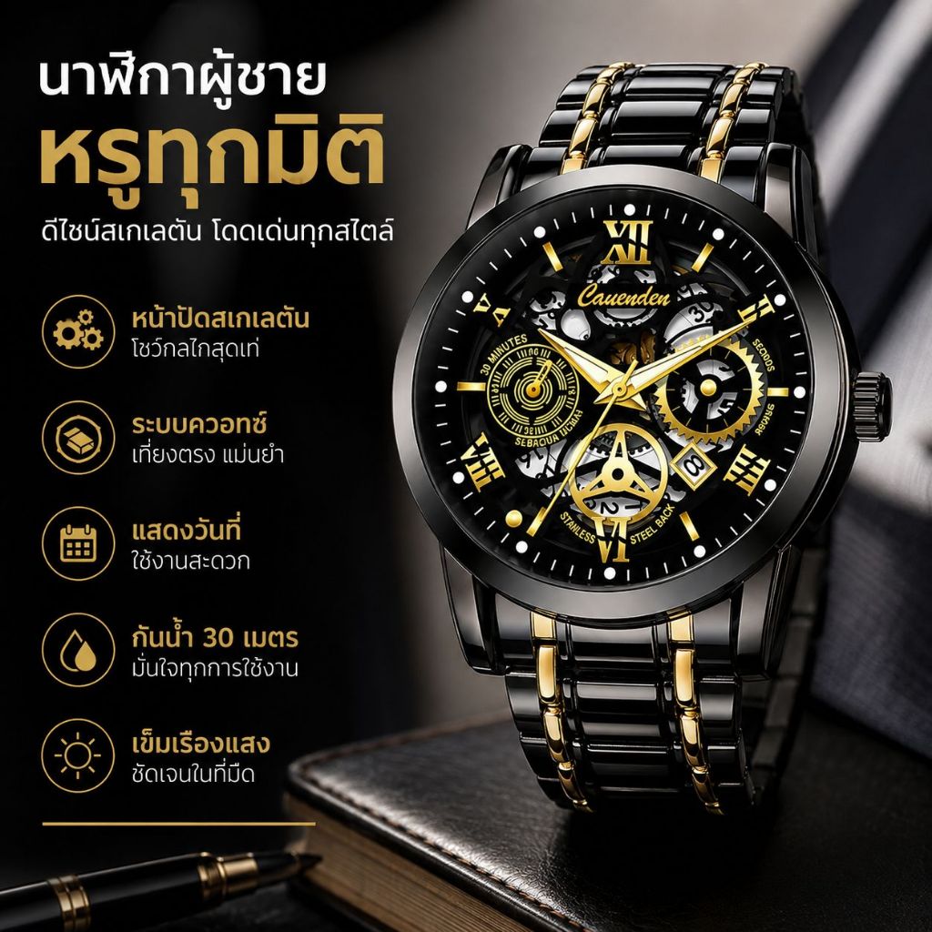 Cauenden Mens Skeleton Mechanical Style นาฬิกาสแตนเลส 5 สีกันน้ํานาฬิกาวันที่