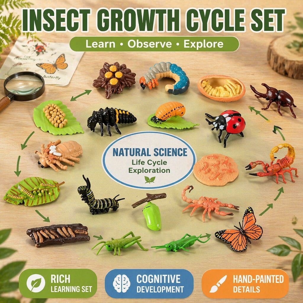 เด็ก Montessori การศึกษาสัตว์ Figurines ชุด Ladybug Beetle ผีเสื้อ Caterpillar แมลง Life Cycle Action Mini ตัวเลขของเล่น