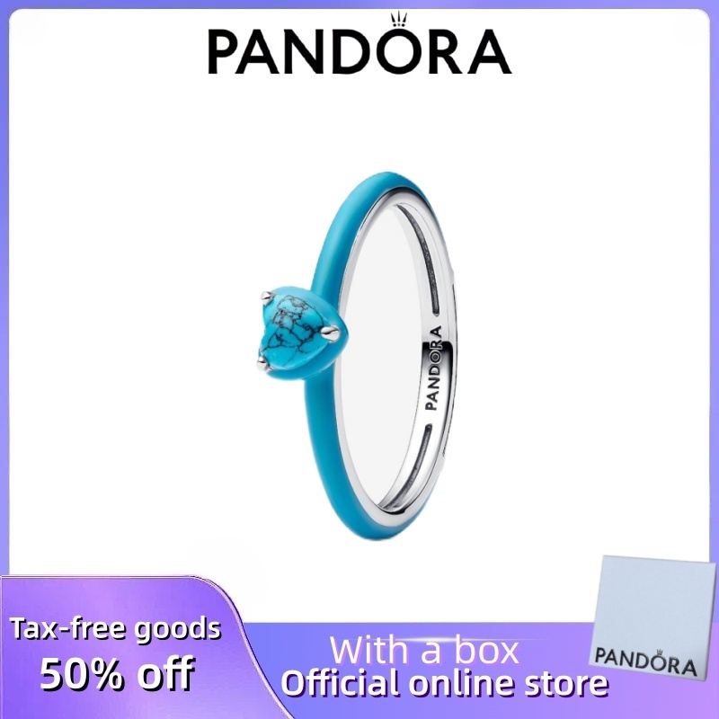 ขายร้อน 100% S925 เงินสเตอร์ลิง Pandora คู่สุภาพสตรี DIY ของขวัญวันเกิด Turquoise-สี Heart Stone แหวน
