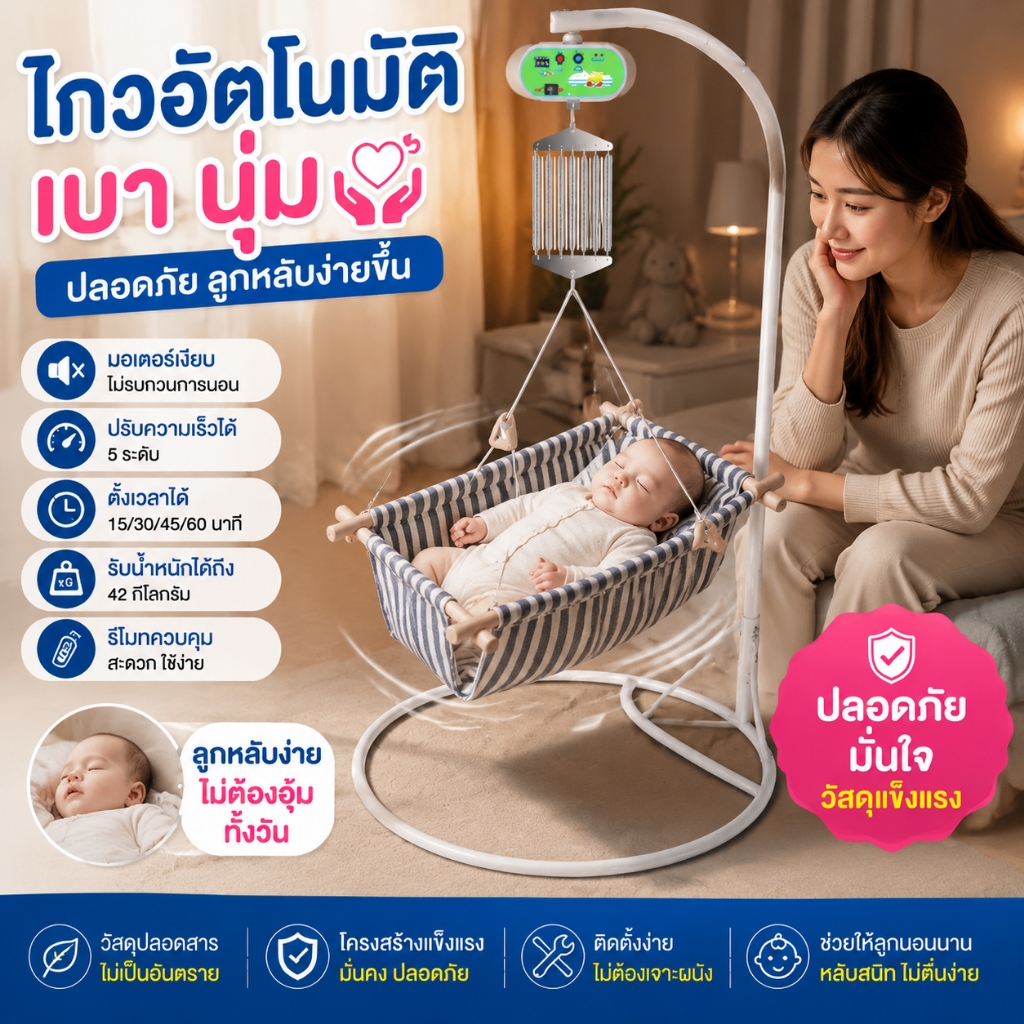 เครื่องไกวเปลเด็กอัตโนมัติ ปรับตั้งเวลาได้ รับน้ำหนัก 42 กก. มอเตอร์ไกวเปลเด็กไฟฟ้า ใช้กับเปลเด็กทุกแบบ