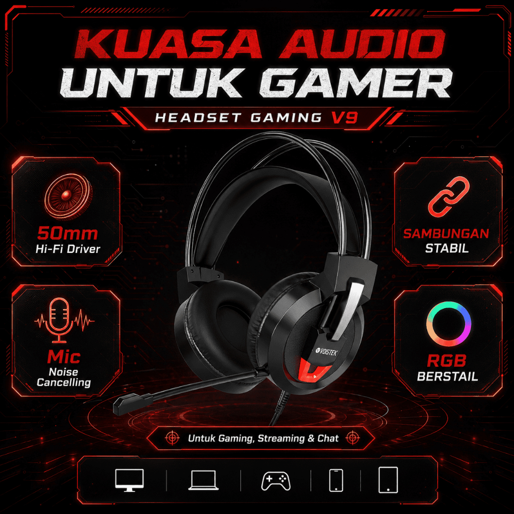 Voistek V9 หูฟังสําหรับเล่นเกมชุดหูฟังแบบมีสายพร้อมไฟ RGB 50 มม.Hi-Fi สเตอริโอเสียงรอบทิศทาง Mic สํา