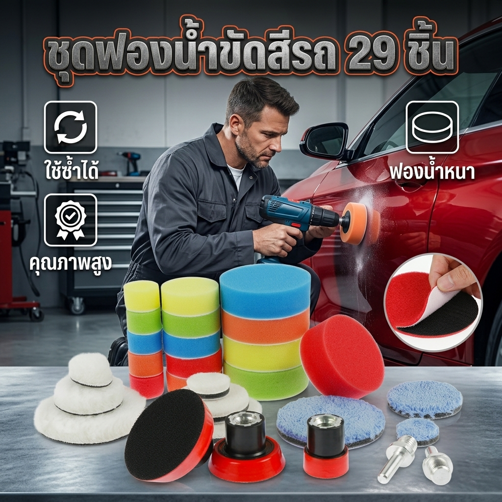 29 ชิ้น ฟองน้ำขัดสีรถ ชุดแผ่นฟองน้ําขัด 1 2 3 นิ้ว ใช้ซ้ําได้ กันรอยขีดข่วน สําหรับขัดรถยนต์ สำหรับแป้นขัดสีรถ เซ็ตแผ่นขัดรถชุดทำความสะอาดฟองน้ำแว็กซ์ขัดแผ่น ด้ายขนสัตว์อัตโนมัติ Backer Pad ซ่อมรถ Care ขัดเงารถเครื่องมือ