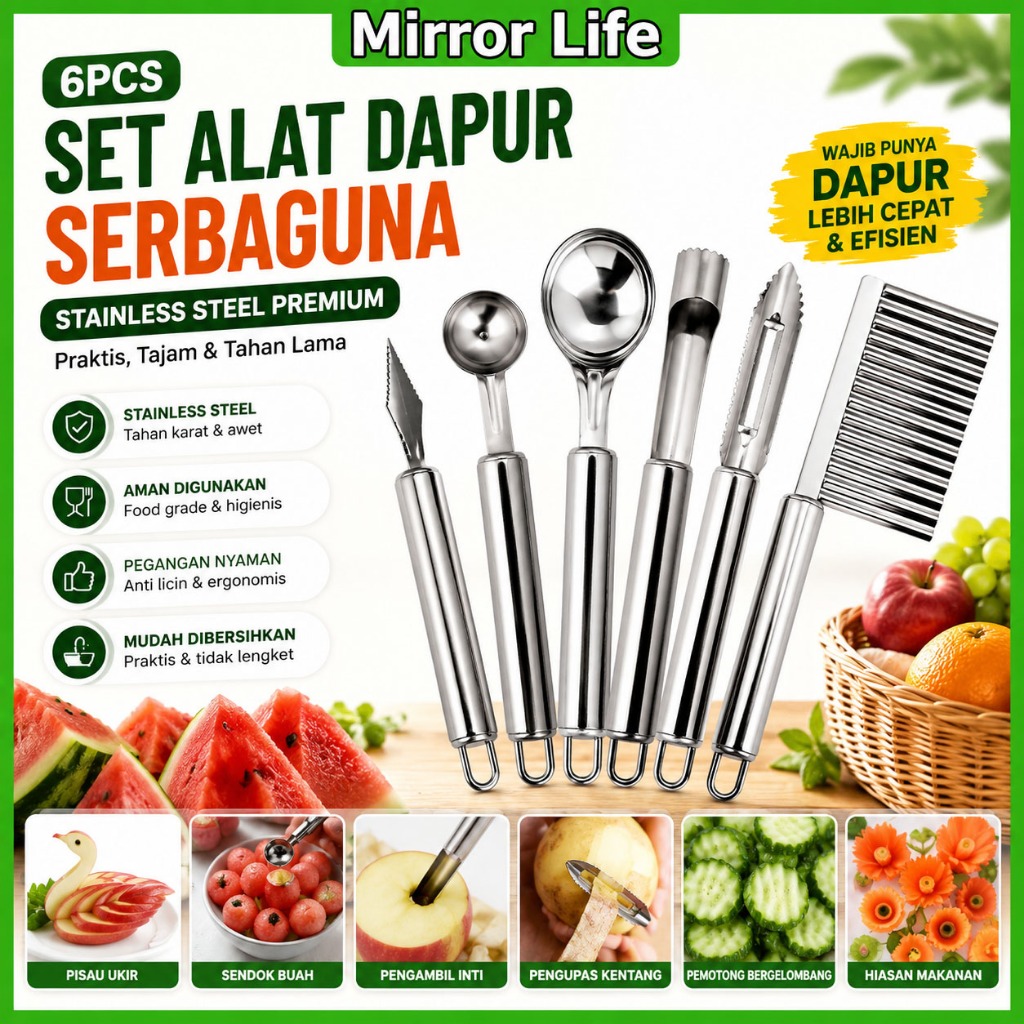 Mirror-Life Stainless Steel Kitchen Gadget ชุดเครื่องมือผลไม้ Coring อุปกรณ์แกะสลักเครื่องมือแตงโมขุดช้อนมันฝรั่ง Peeling เครื่องมือ