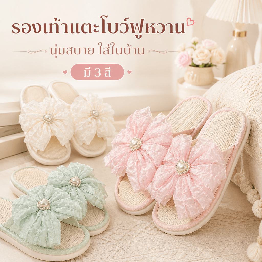 M8N4 รองเท้าแตะผู้หญิงสไตล์เกาหลี โบว์ดอกไม้แฟชั่น พื้นนิ่มเด้ง กันลื่น ระบายอากาศดี ใส่ง่าย ถอดง่าย เหมาะใส่ในบ้าน ห้องน้ำ และเดินเล่น