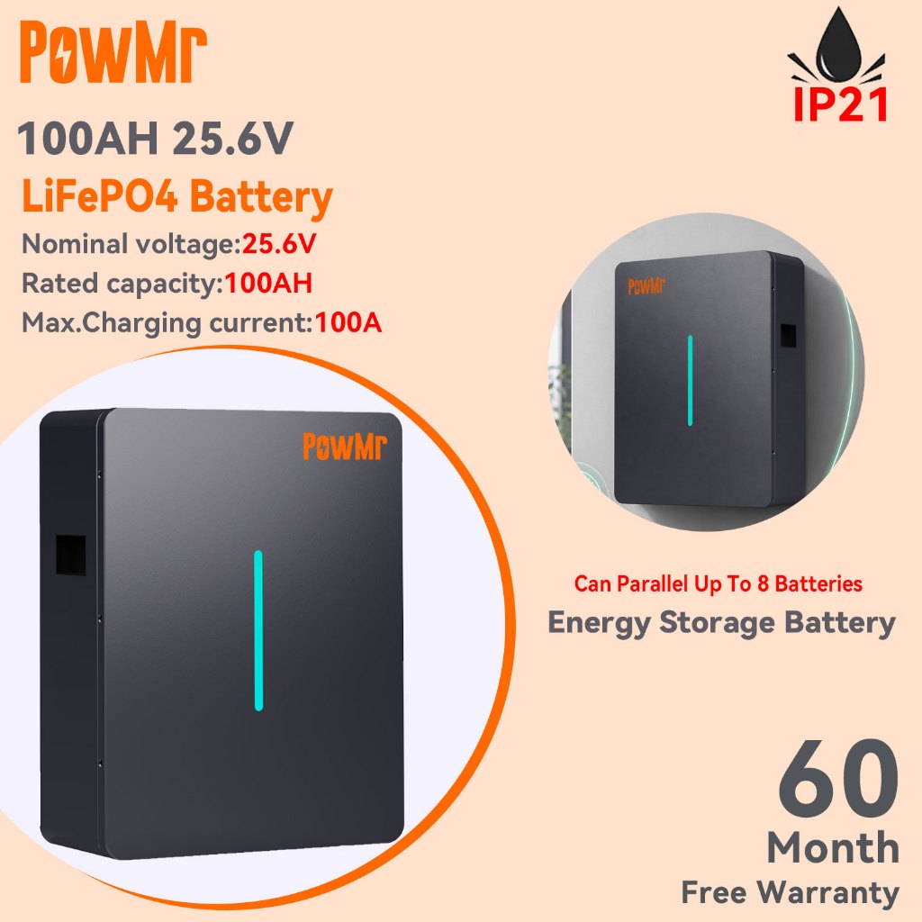 PowMr 25.6V 100Ah 2560Wh LiFePO4 แบตเตอรี่ 100% ความจุจริง IP21 กันน้ําแบตเตอรี่สําหรับ Solar RV Camping รองรับ 8 หน่วยขนาน 10 ปี Lifespan ต่อเนื่อง Night Power