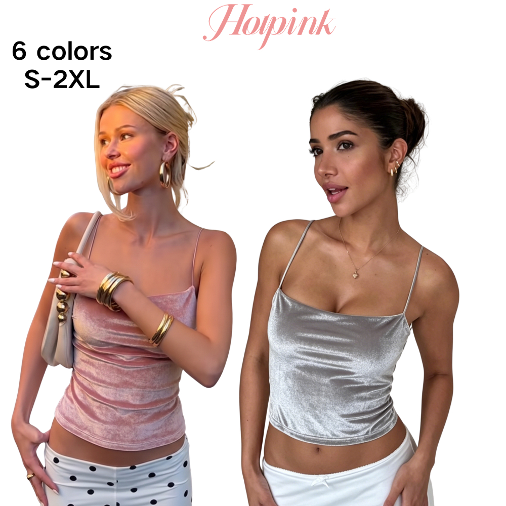 Hotpink ส่งจาก Bangkok เสื้อสายเดี่ยวผ้าซาตินกำมะหยี่สั้นสไตล์เซ็กซี่ ปากเสื้อราบ เอวสูงโชว์หน้าท้อง สำหรับใส่ในตัว