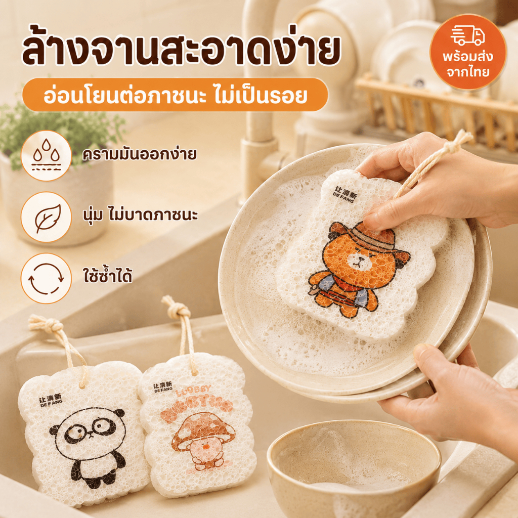[WEIYI] ฟองน้ำล้างจานเยื่อไม้ ฟองน้ำทำความสะอาดครัว ลายน่ารัก มีห่วงแขวน ล้างคราบง่าย แห้งเร็ว ใช้ได้ทุกวัน