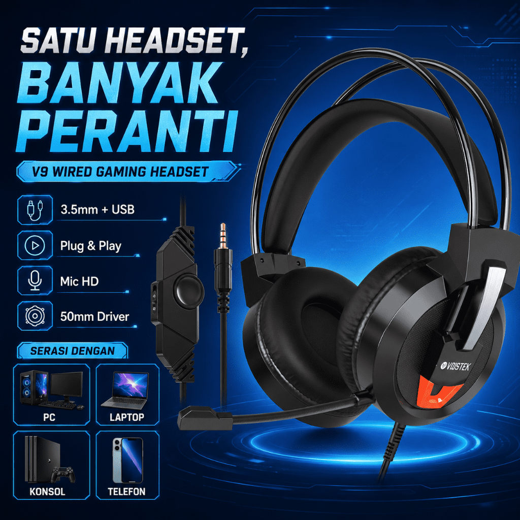 Voistek V9 หูฟังสําหรับเล่นเกมชุดหูฟังแบบมีสายพร้อมไฟ RGB 50 มม.Hi-Fi สเตอริโอเสียงรอบทิศทาง Mic สํา