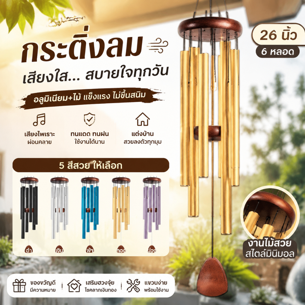 กระดิ่งลมโลหะ 26 นิ้ว 6 หลอด อลูมิเนียม+ไม้ Wind Chimes แขวนระเบียง แต่งสวน แต่งบ้านมินิมอล สีดำ/เงิน/ฟ้า/ทอง/ม่วง