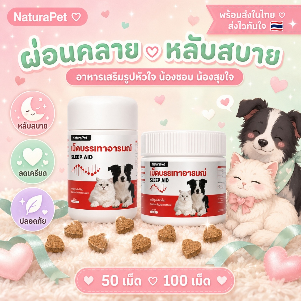 NaturaPet อาหารเสริมปรับอารมณ์ สำหรับสุนัขแมว ลดความเครียด ช่วยให้นอนหลับ ผ่อนคลาย 100 เม็ด