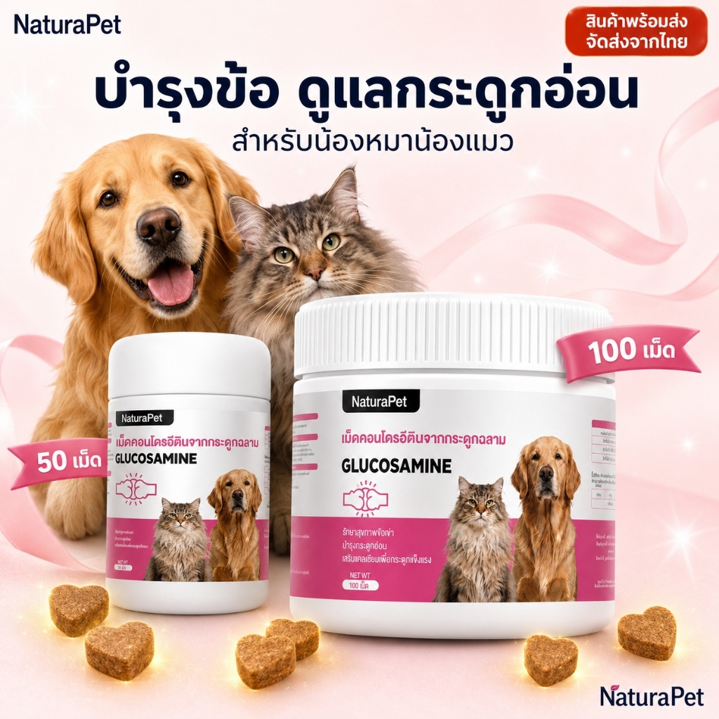 NaturaPet วิตามินบำรุงข้อสุนัขและแมว ดูแลสะโพก ข้อเข่า กระดูกอ่อน เสริมการเคลื่อนไหว 100 เม็ด