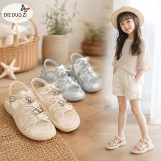 สาวโบว์ พลอยเทียม รองเท้าแตะปิดหัว,โลหะสีเงิน/สีเบจแพลตฟอร์มแบนรองเท้าแตะปรับสายรัดข้อเท้าไม่ลื่นพื้นยางเด็กฤดูร้อนเจ้าหญิงรองลําล