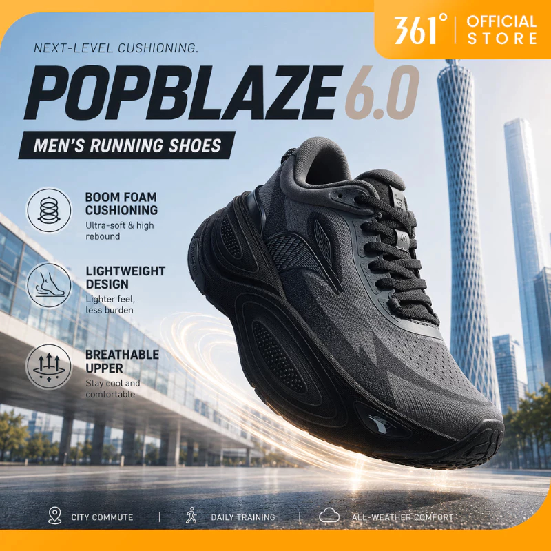 361 Degrees Popblaze 6.0 รองเท้าวิ่งผู้ชาย รองเท้าซัพพอร์ต พื้นหนานุ่ม น้ำหนักเบา ระบายอากาศดี 672622201