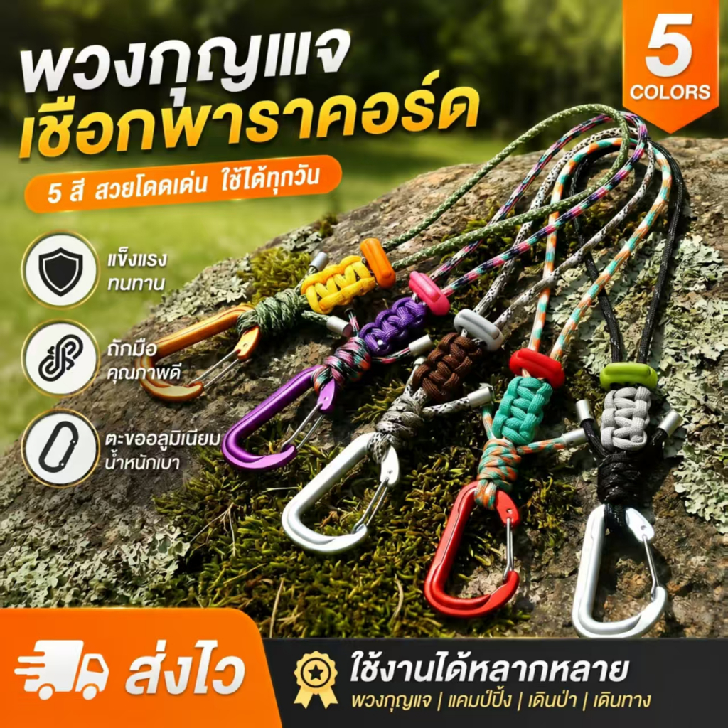 พวงกุญแจเชือกพาราคอร์ด คาราบิเนอร์อลูมิเนียม แข็งแรง สำหรับแขวนขวดน้ำ ติดกระเป๋า เดินป่า แคมป์ปิ้ง อุปกรณ์ EDC กันหาย
