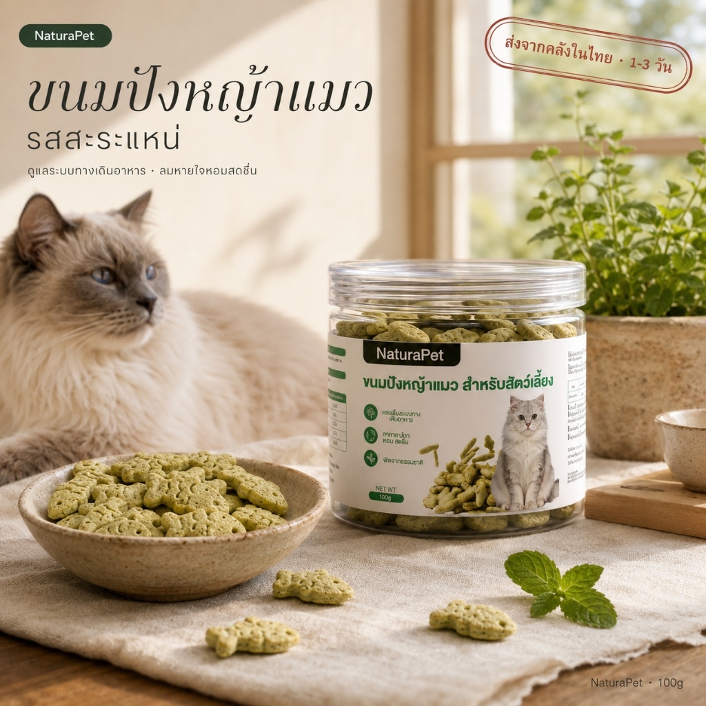 NaturaPet ขนมหญ้าแมวบิสกิต ต้นอ่อนข้าวสาลีอบอุณหภูมิต่ำ มีเนื้อ+หญ้า ช่วยขับขนในลำไส้ 100 กรัม/กระปุก