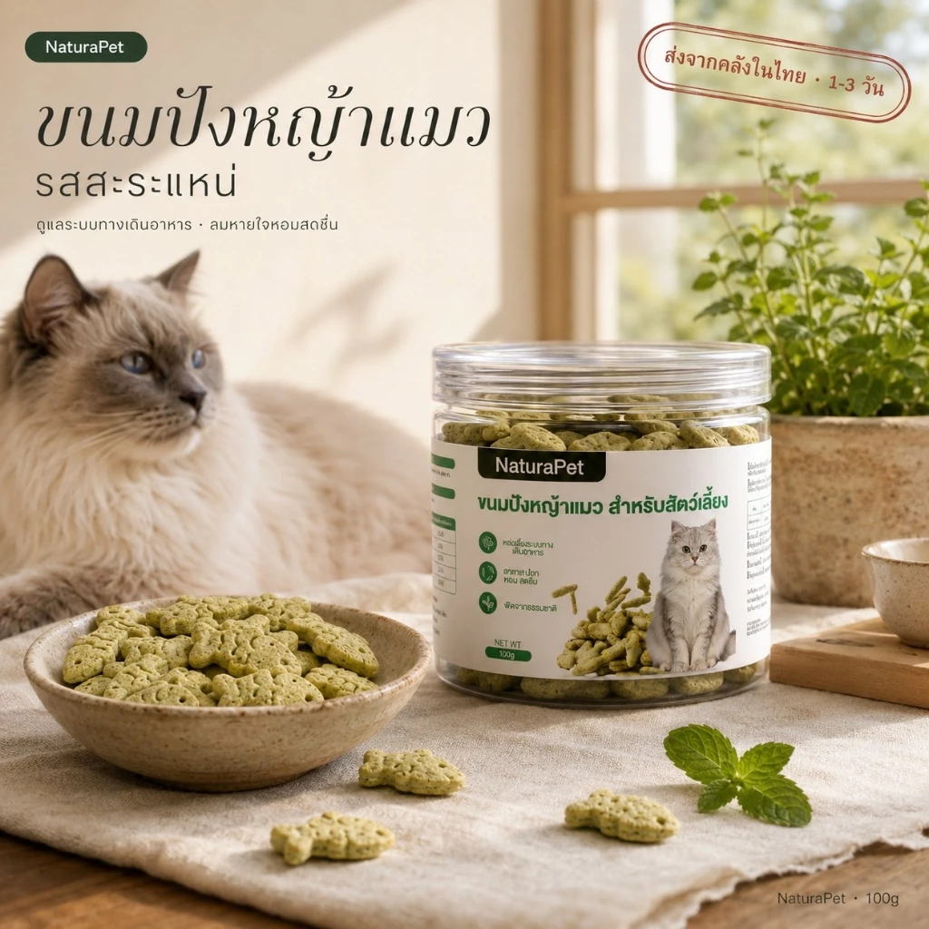 NaturaPet ขนมหญ้าแมวบิสกิต ต้นอ่อนข้าวสาลีอบอุณหภูมิต่ำ มีเนื้อ+หญ้า ช่วยขับขนในลำไส้ 100 กรัม/กระปุก