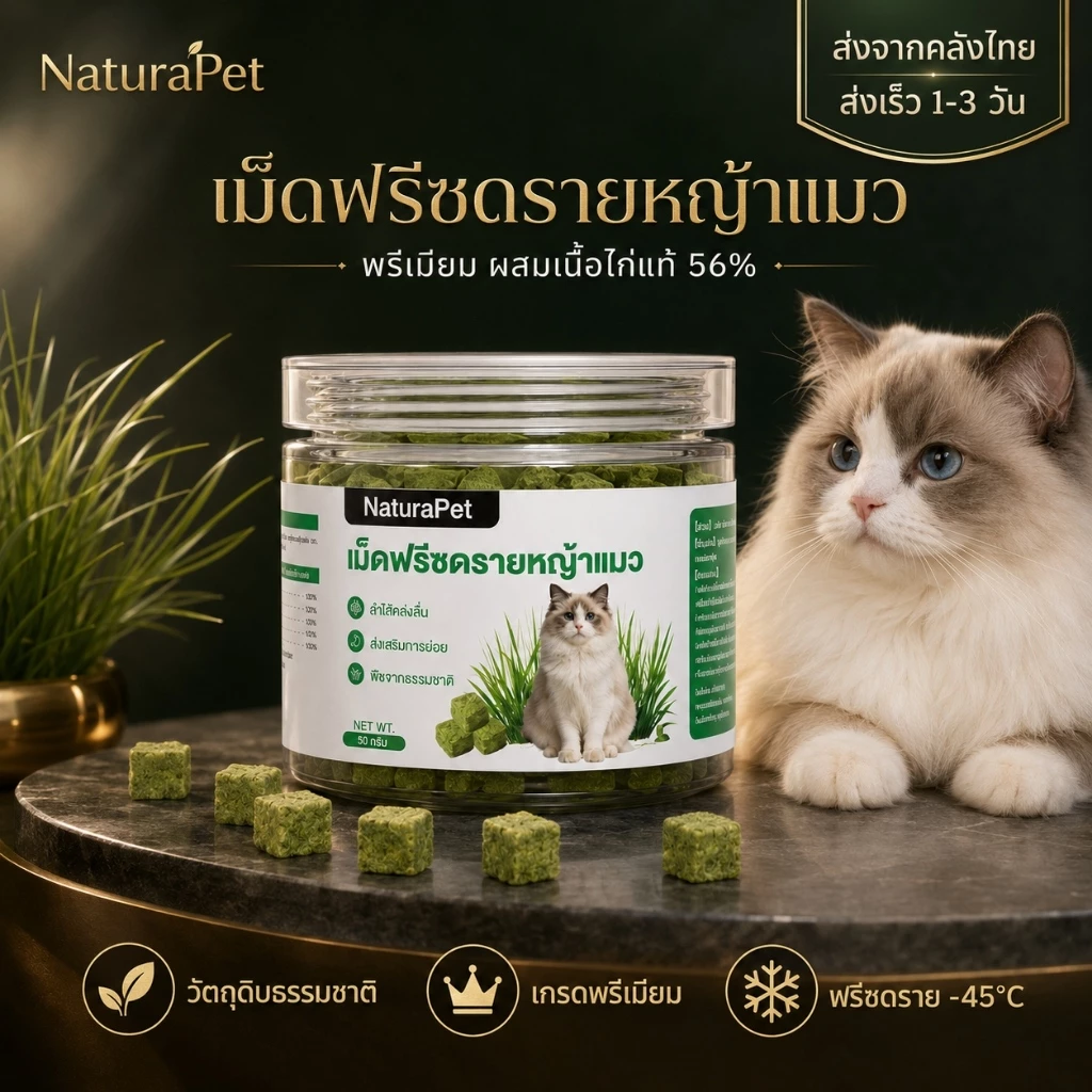 NaturaPet ขนมหญ้าแมวฟรีซดราย อกไก่ผสมต้นอ่อนข้าวสาลี ช่วยขับขนในลำคอ-ลำไส้ 50 กรัม/กระปุก เปิดฝากินเลย