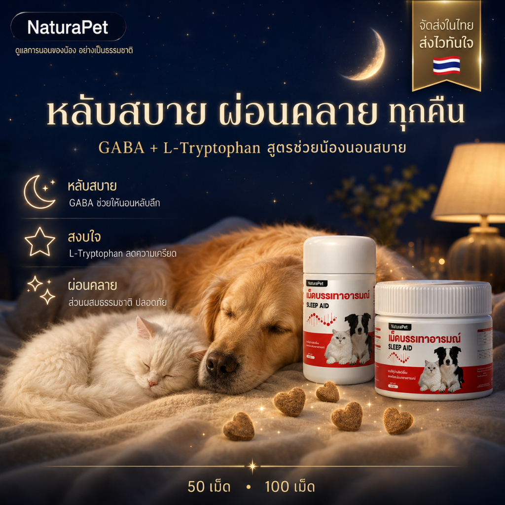 NaturaPet อาหารเสริมคลายเครียด สำหรับสุนัขและแมว ขนมปรับสมดุลอารมณ์ ช่วยให้นอนหลับ ลดการเห่า/ร้อง 100 เม็ด/กระปุก