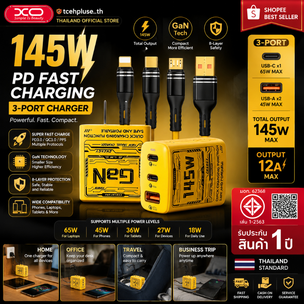 ชาร์จเร็ว 145W GaN 3 พอร์ต PD ที่ชาร์จ USB Type-C 65W รองรับชาร์จมือถือ แล็ปท็อป พร้อม 3 เครื่อง tce
