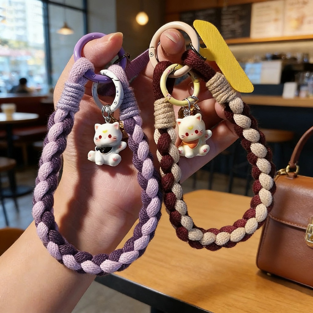 น่ารักลูกแมวระฆังพวงกุญแจเชือกเส้นเล็กโทรศัพท์มือถือสีม่วงสีเขียวสีดําเชือกถักสั้นสายรัดข้อมือโทรศัพท์มือถือ