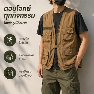 เสื้อกั๊กเดินป่า เสื้อกั๊กผู้ชาย ทรงหลวมใส่สบาย มีซิปหน้า มีกระเป๋าหลายช่อง เสื้อกั๊ก ระบายอากาศ ใส่ได้ทั้งหญิงชาย