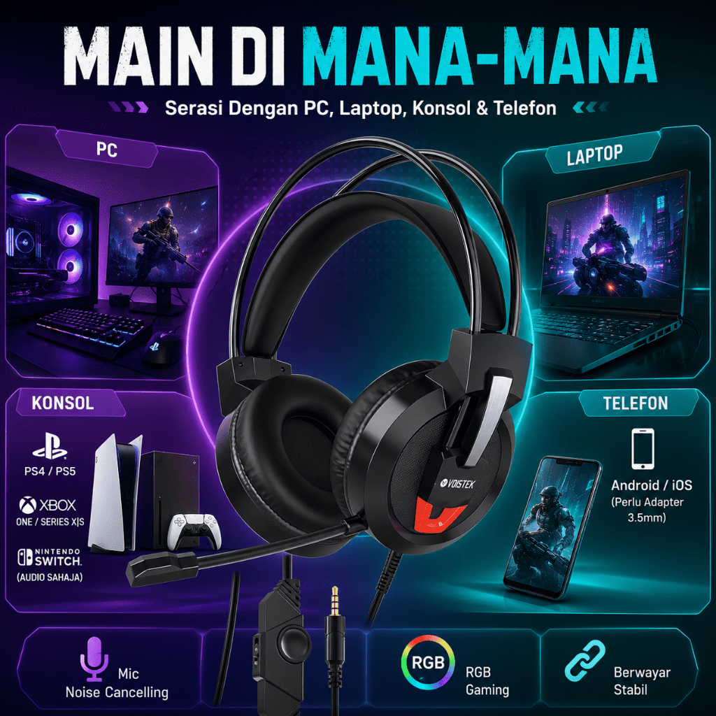 Voistek V9 หูฟังสําหรับเล่นเกมชุดหูฟังแบบมีสายพร้อมไฟ RGB 50 มม.Hi-Fi สเตอริโอเสียงรอบทิศทาง Mic สํา