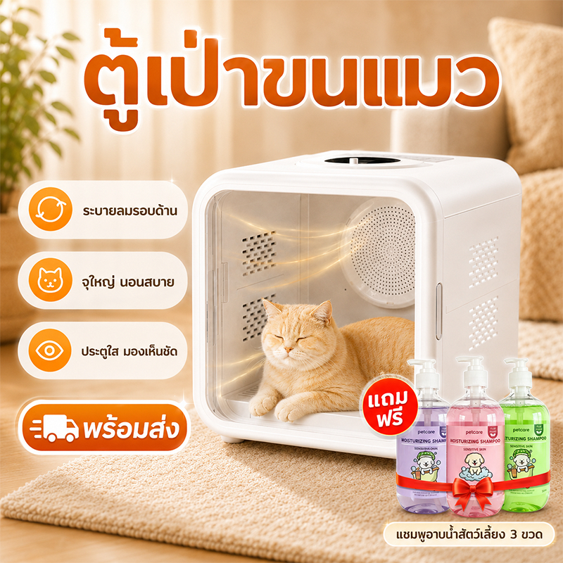 ตู้เป่าขนแมว 62L ตู้เป่าขนสัตว์เลี้ยง เครื่องเป่าขนแมว ลมอุ่นนุ่ม ระบายลมรอบด้าน เสียงเบา ประตูใส สำหรับแมว สุนัขเล็ก