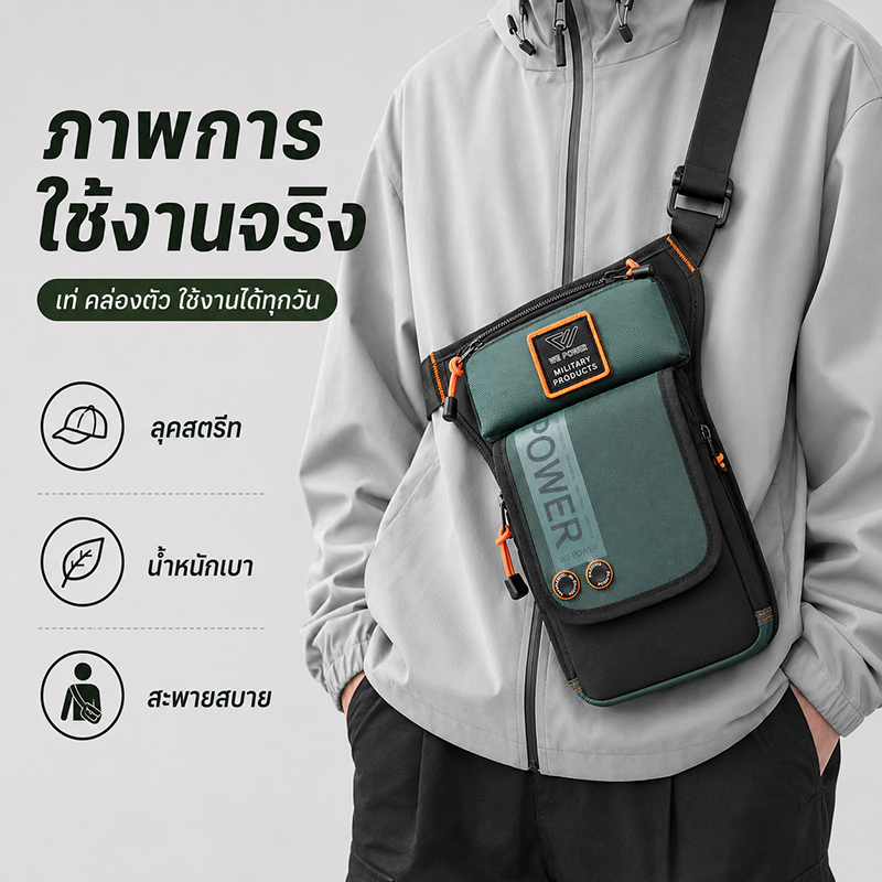 กระเป๋าคาดเอว มอเตอร์ไซค์ สีดำ ดีไซน์สตรีท ใส่ของจุกจิก สะพายข้าง คาดขา