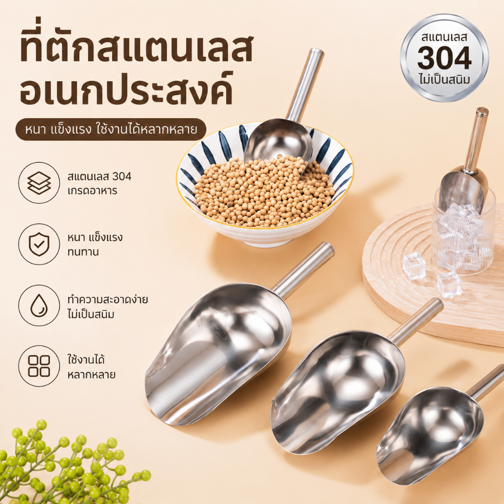 ✨ส่งจากไทย✨สแตนเลส พลั่วน้ำแข็ง เกรดอาหาร ที่ตักข้าวสาร ที่ตักเมล็ดพืช หนา ไม่เป็นสนิม ทนทาน