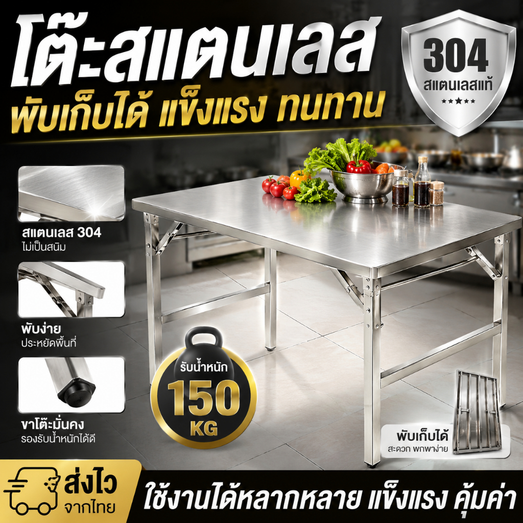 โต๊ะพับ โต๊ะกินข้าว สแตนเลส ไม่ต้องติดตั้ง 140/120/100/80CM รองรับได้ 4-8 ท่าน ทำความสะอาดง่าย