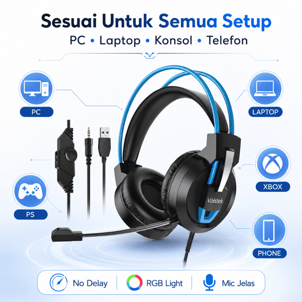 Voistek V9 หูฟังเล่นเกมแบบมีสายพร้อมไมโครโฟน RGB ไฟ LED 3.5 มม.ชุดหูฟังสเตอริโอเบสสําหรับ PC แล็ปท็อ