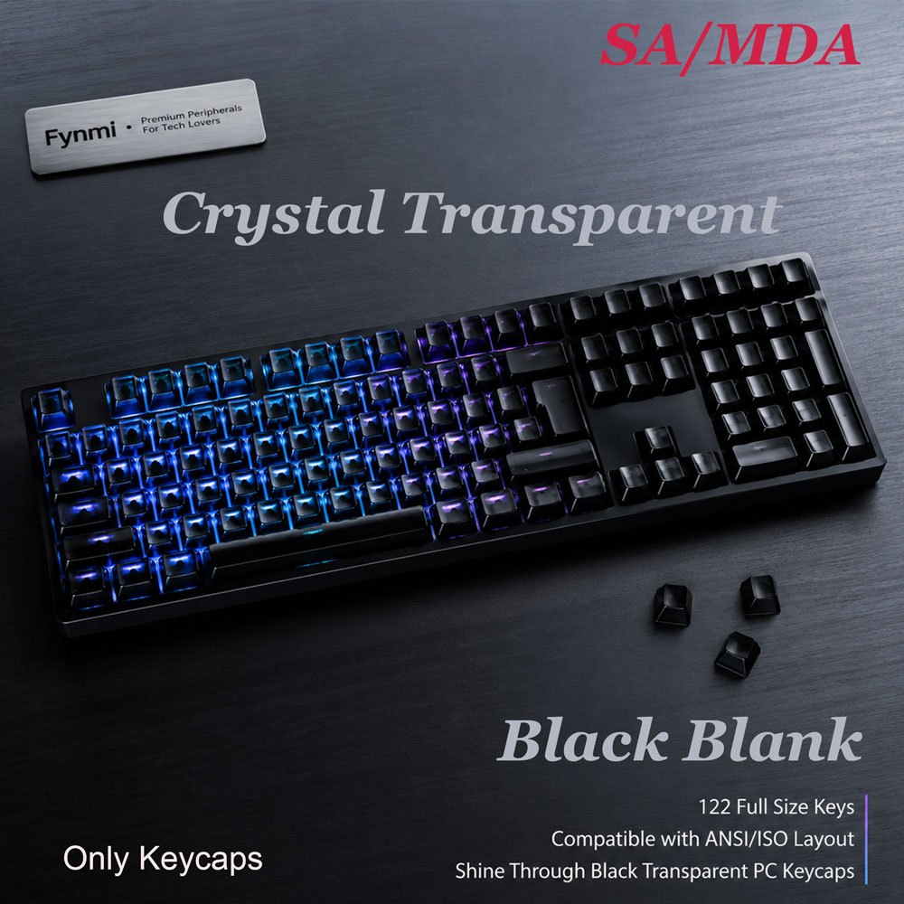 Fynmi คริสตัลโปร่งใส 25% สีดําเปล่า MDA Keycaps Shine ผ่านเค้าโครง ANSI/ISO 122 คีย์ keycaps
