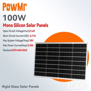 แผงกระจกPowMr 100W Monocrystallineแผงโซลาร์เซลล์ 21.7V Stable Output IP67 กันน้ํา MC4 Connector เหมาะสําหรับ RV Camping และไฟบ้านสํารองรับประกัน 12 เดือน
