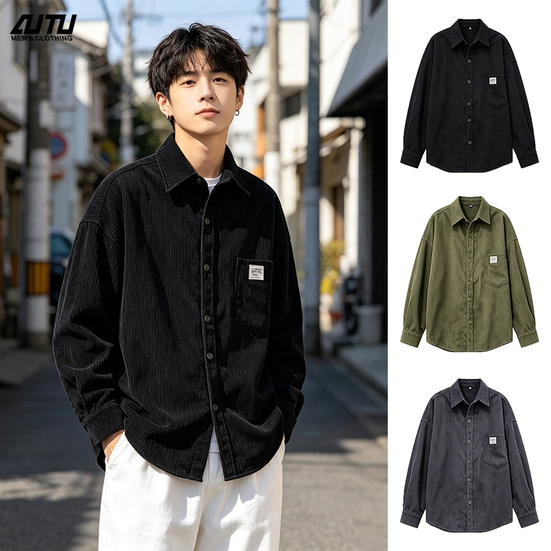 AUTU เสื้อเชิ้ตผู้ชาย ผ้าลูกฟูก เสื้อเชิ้ตแขนยาว ผ้านิ่มนุ่ม วินเทจ ปกเสื้อ ทรงหลวมใส่สบาย เรียบง่ายแมทช์ง่าย คุณภาพดีเยี่ยม unisex พร้อมส่ง M-3XL