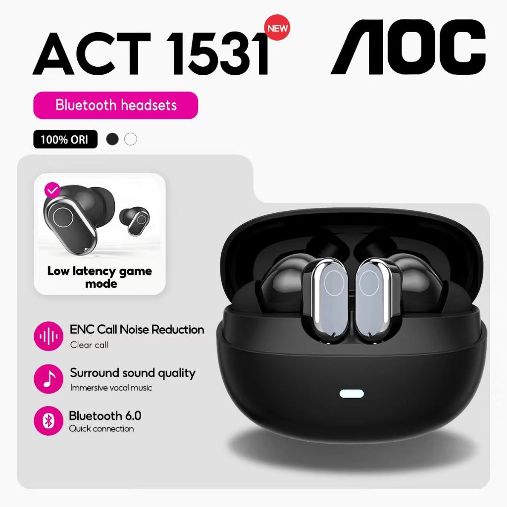 AOC ACT-1531 หูฟังไร้สายบลูทูธ 6.0 หูฟัง 360 เสียงรอบทิศทางเชิงพื้นที่ไดอะแฟรมที่กําหนดเอง Latency ต่ําหูฟังสําหรับเล่นเกม 20H เวลาเล่น Touch Control iOS Android
