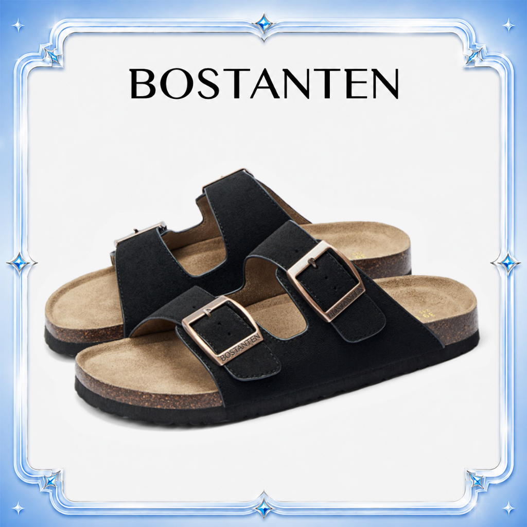 【ไซส์ 36-44】BOSTANTEN Ark รองเท้าแตะพื้นคอร์ก ใส่สบาย กันลื่น เหมาะใส่ทุกวัน Double Buckles Sandals